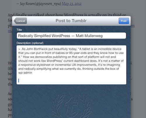 Instapaper and Tumblr integration